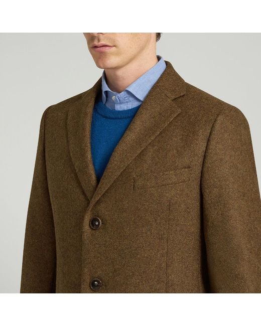 Harvie & Hudson Green Brown Herringbone Wool Coat for men