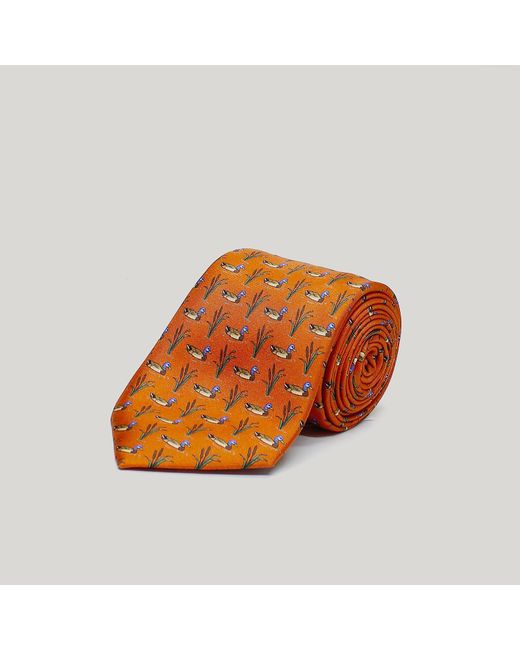 Harvie & Hudson Brown Burnt Orange Ducks Printed Silk Tie for men