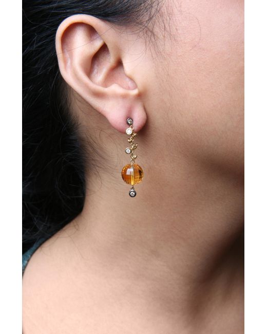 Haus of Brilliance Metallic 18K 2/3 Cttw Round Bezel Diamond And 25Mm Ball Shaped Citrine Gemstone Dangle Stud Earring And G-H Color, Si1-Si2 Clarity)