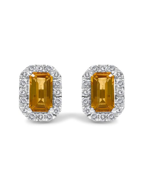 Haus of Brilliance Metallic 10K 5X3Mm Emerald-Cut Citrine And 1/7 Cttw Diamond Halo Octagonal Stud Earrings (I-J Color, I1-I2 Clarity)