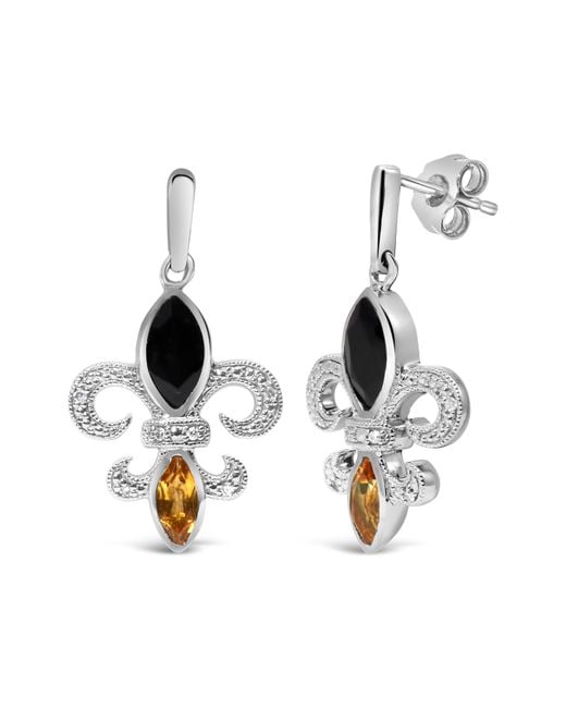Haus of Brilliance White 925 Sterling Marquise Cut Onyx And Citrine With Diamond Accent Fleur De Lis Drop Stud Earrings (H-I Color, Si1-Si2 Clarity)