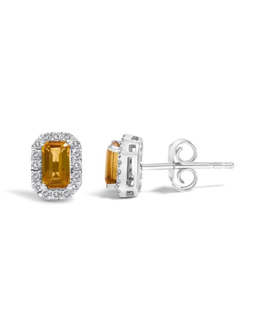 Haus of Brilliance Metallic 10K 5X3Mm Emerald-Cut Citrine And 1/7 Cttw Diamond Halo Octagonal Stud Earrings (I-J Color, I1-I2 Clarity)