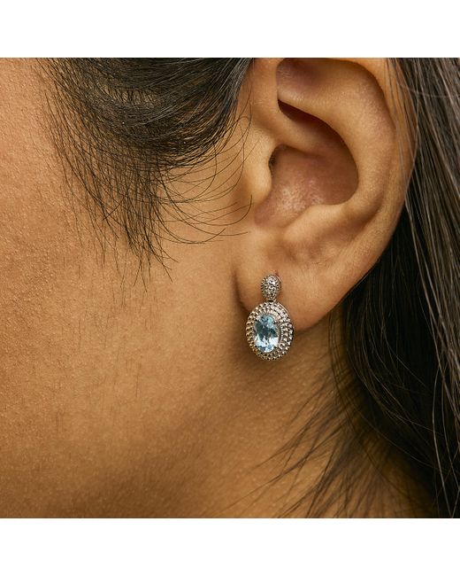 Haus of Brilliance Blue 925 Sterling Diamond Accent And Oval Topaz With Beaded Halo Drop Stud Earrings (I-J Color, I1-I2 Clarity)