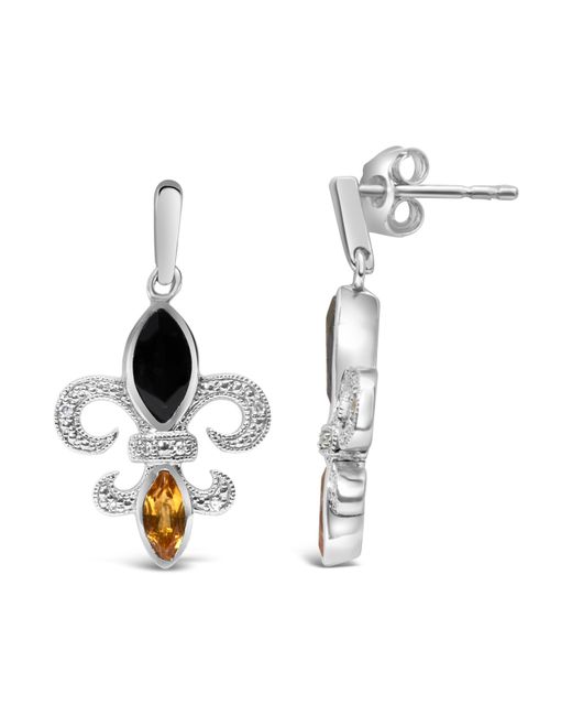 Haus of Brilliance White 925 Sterling Marquise Cut Onyx And Citrine With Diamond Accent Fleur De Lis Drop Stud Earrings (H-I Color, Si1-Si2 Clarity)