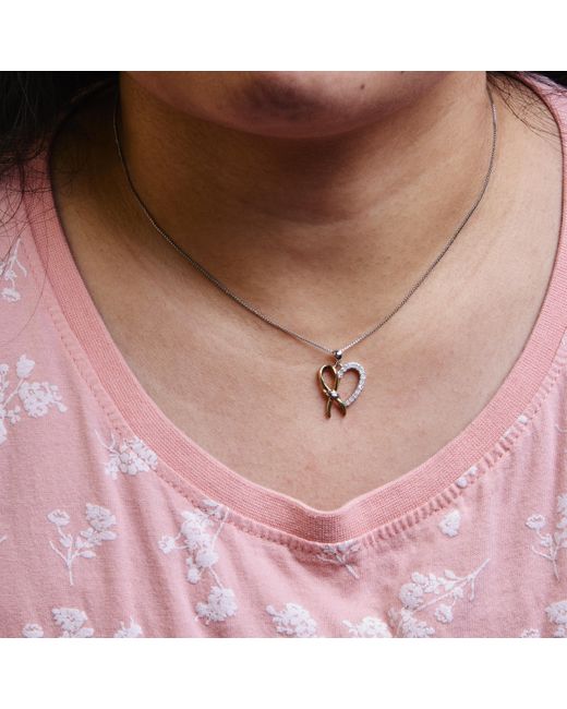 Haus of Brilliance Metallic 10K Plated .925 Sterling 1/5 Cttw Diamond Ribbon Heart Pendant Necklace (H-I Color, I2-I3 Clarity)