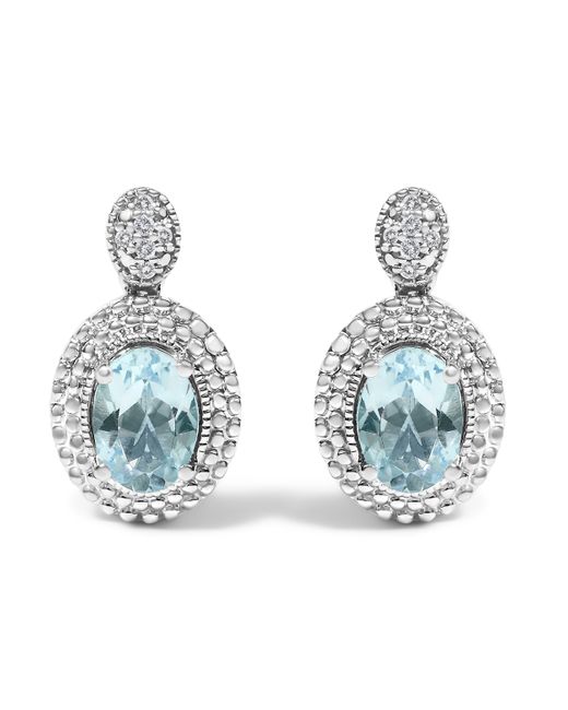 Haus of Brilliance Blue 925 Sterling Diamond Accent And Oval Topaz With Beaded Halo Drop Stud Earrings (I-J Color, I1-I2 Clarity)