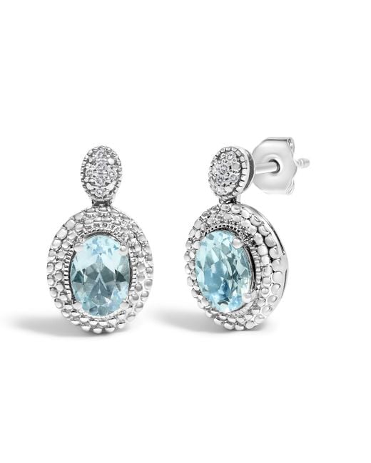 Haus of Brilliance Blue 925 Sterling Diamond Accent And Oval Topaz With Beaded Halo Drop Stud Earrings (I-J Color, I1-I2 Clarity)