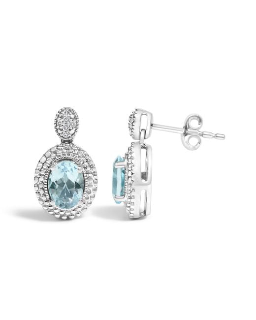 Haus of Brilliance Blue 925 Sterling Diamond Accent And Oval Topaz With Beaded Halo Drop Stud Earrings (I-J Color, I1-I2 Clarity)