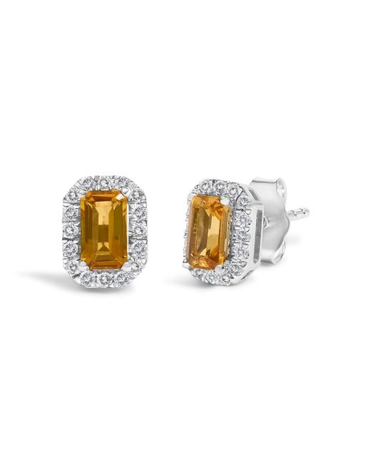 Haus of Brilliance Metallic 10K 5X3Mm Emerald-Cut Citrine And 1/7 Cttw Diamond Halo Octagonal Stud Earrings (I-J Color, I1-I2 Clarity)