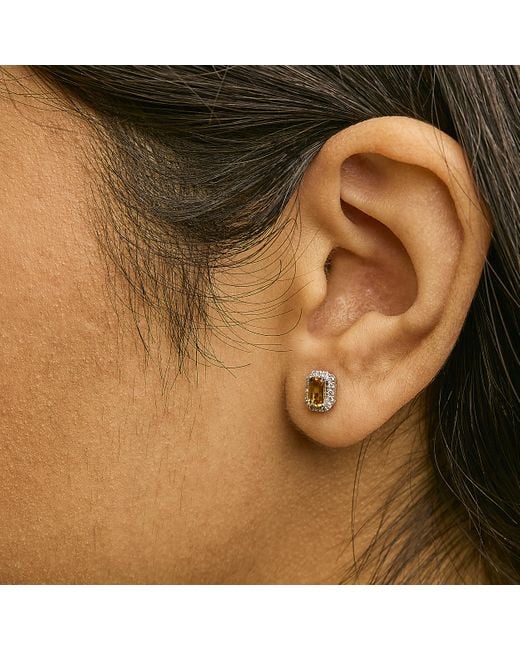 Haus of Brilliance Metallic 10K 5X3Mm Emerald-Cut Citrine And 1/7 Cttw Diamond Halo Octagonal Stud Earrings (I-J Color, I1-I2 Clarity)