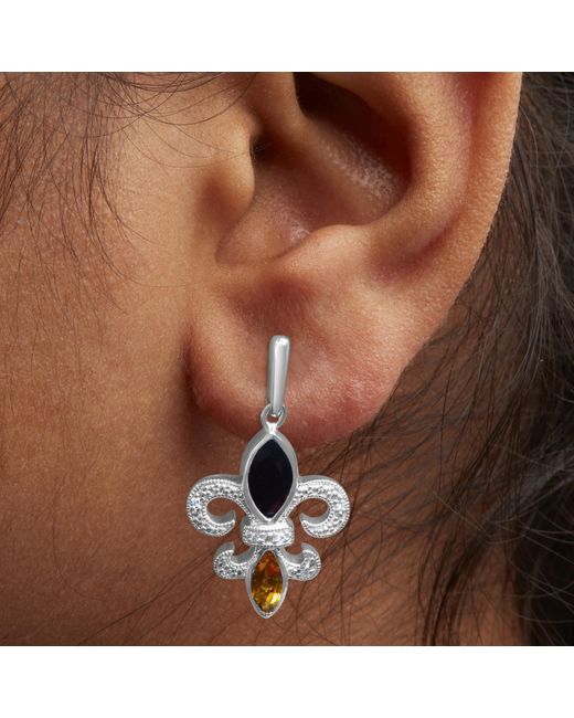 Haus of Brilliance White 925 Sterling Marquise Cut Onyx And Citrine With Diamond Accent Fleur De Lis Drop Stud Earrings (H-I Color, Si1-Si2 Clarity)