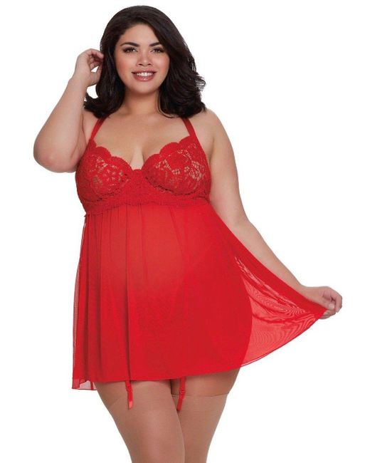 Dreamgirl Plus Size Sheer Lace Babydoll Lingerie Set in Red | Lyst