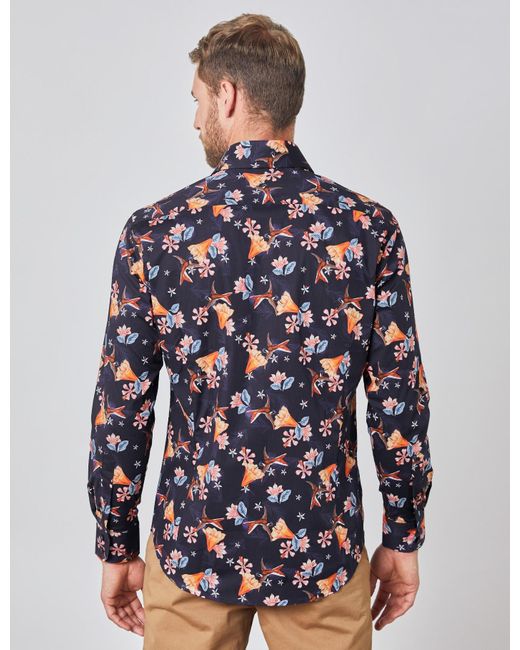 Hawes Curtis Cotton Curtis Birds Floral Print Stretch Slim Fit Shirt In Navy Orange Blue For Men Lyst