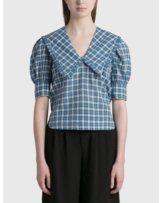 Ganni Seersucker V-neck Blouse in Blue | Lyst