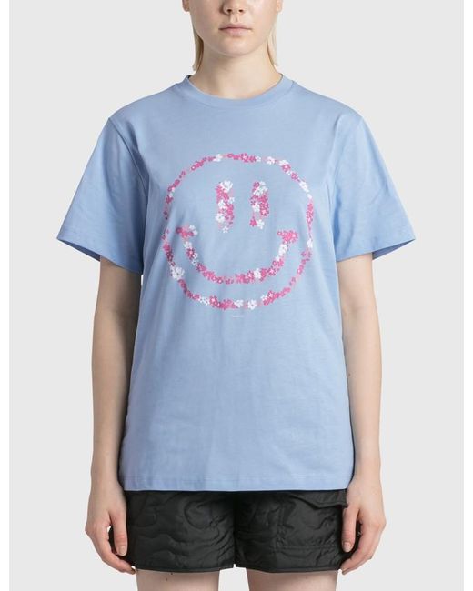Ganni Smiley Face T-shirt in Blue - Lyst