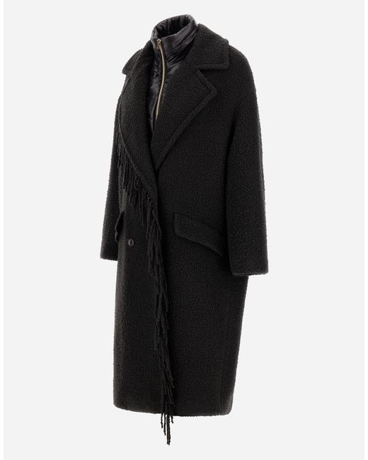 Herno Black Teddy Coat With Fringing And Nylon Ultralight