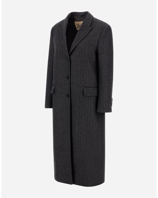 Herno Black Wool Cloth Coat With Pinstripe Pattern