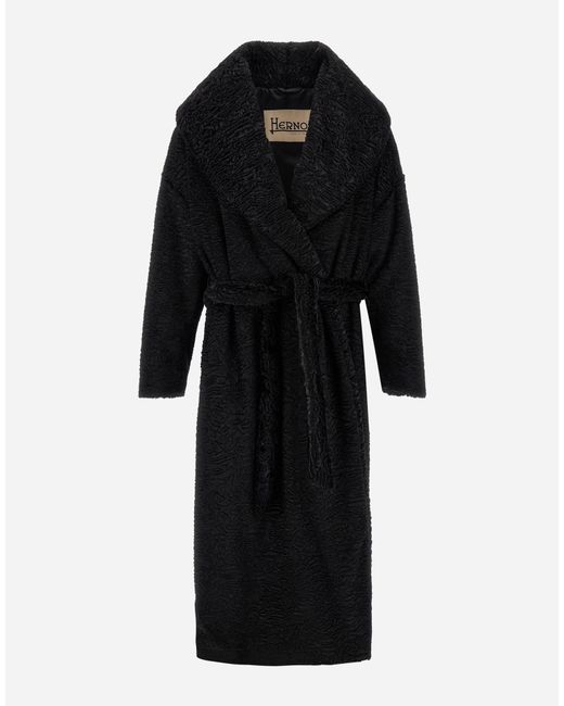 Herno Black Astrakhan-Effect Fur-Touch Coat