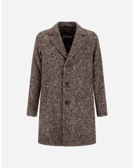 Herno Brown Alpaca, Wool Herringbone And Suede Effect Coat for men