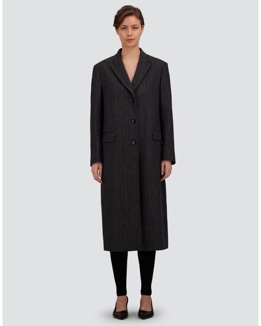 Herno Black Wool Cloth Coat With Pinstripe Pattern