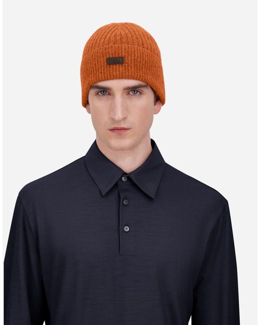 Herno Orange Ribbed Wool Beanie for men