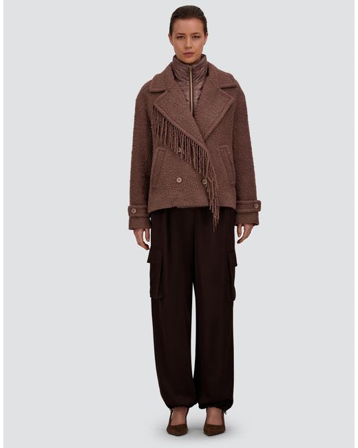 Herno Brown Teddy Peacoat With Fringes And Nylon Ultralight