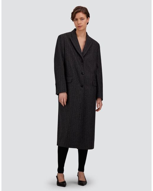 Herno Black Wool Cloth Coat With Pinstripe Pattern