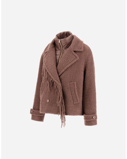 Herno Brown Teddy Peacoat With Fringes And Nylon Ultralight