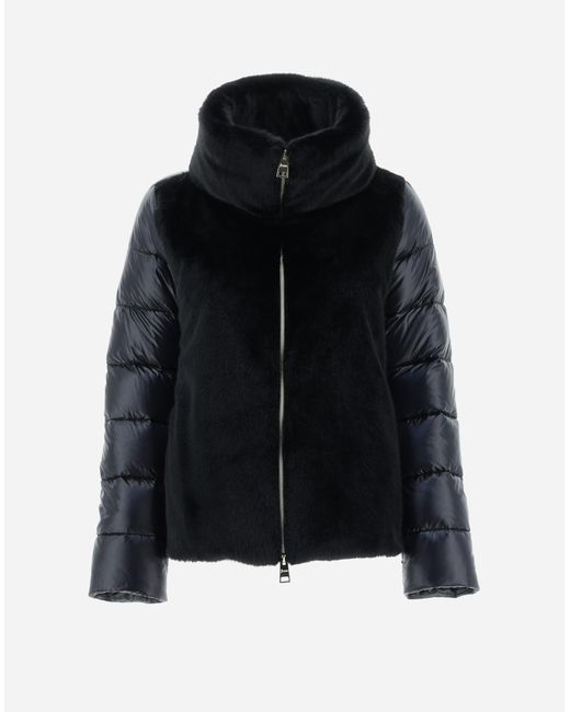 Herno Black Bomber Jacket In Nylon Ultralight And Lady Faux Fur