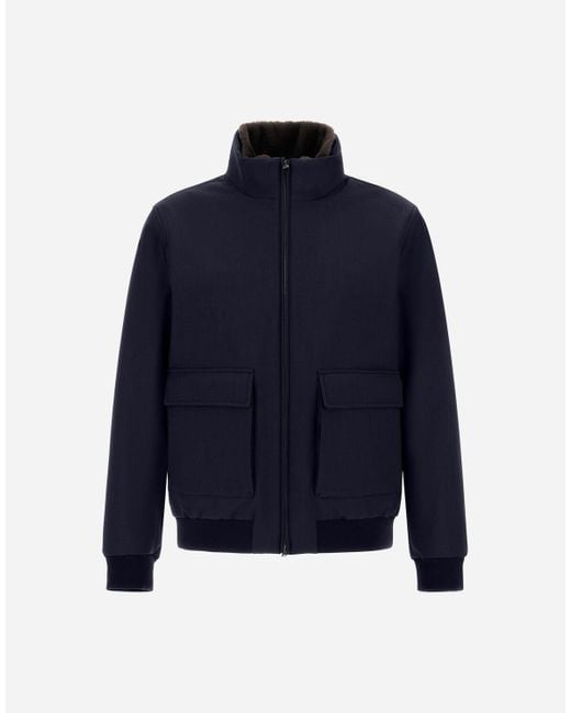 BOMBER IN WOOLEN MELANGE TWILL E LIGHT FAUX FUR di Herno in Blue da Uomo