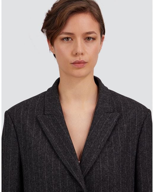Herno Black Wool Cloth Coat With Pinstripe Pattern
