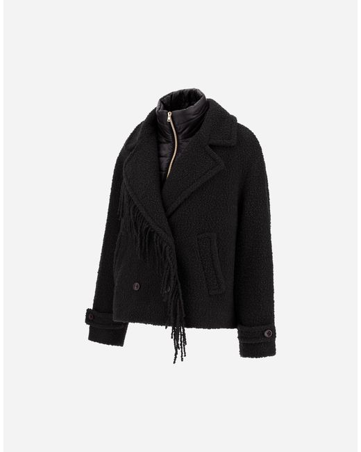 Herno Black Teddy Peacoat With Fringes And Nylon Ultralight