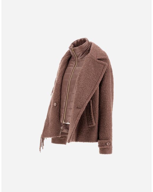 Herno Brown Teddy Peacoat With Fringes And Nylon Ultralight