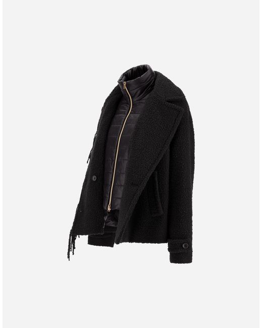 Herno Black Teddy Peacoat With Fringes And Nylon Ultralight