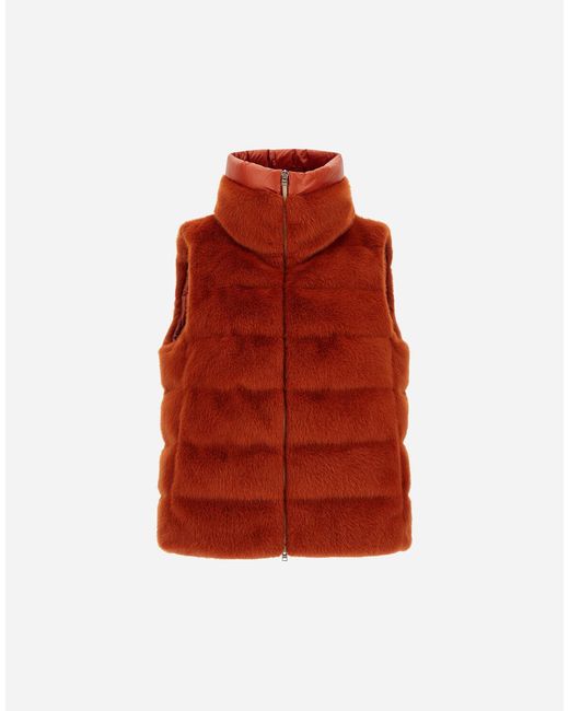 Herno Red Vest In Lady Alternative Fur And Nylon Ultralight