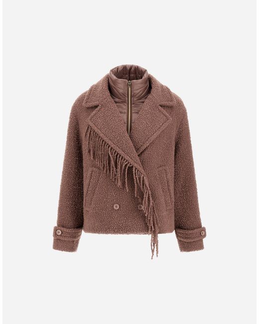 Herno Brown Teddy Peacoat With Fringes And Nylon Ultralight
