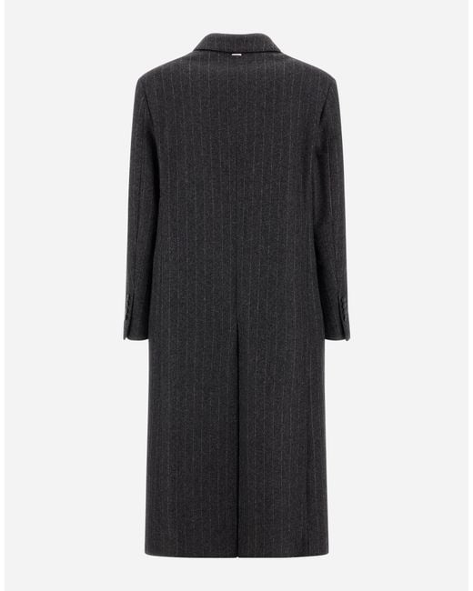 Herno Black Wool Cloth Coat With Pinstripe Pattern