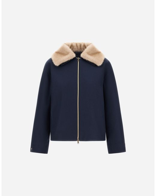 Herno Blue Ecowool Jacket With Mink-Effect Fur Detail