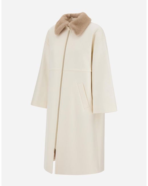 Herno White Ecowool Coat With Mink-Effect Fur Detail