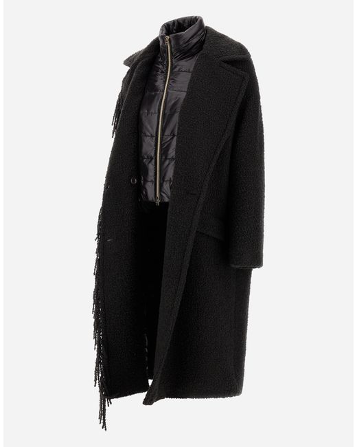Herno Black Teddy Coat With Fringing And Nylon Ultralight
