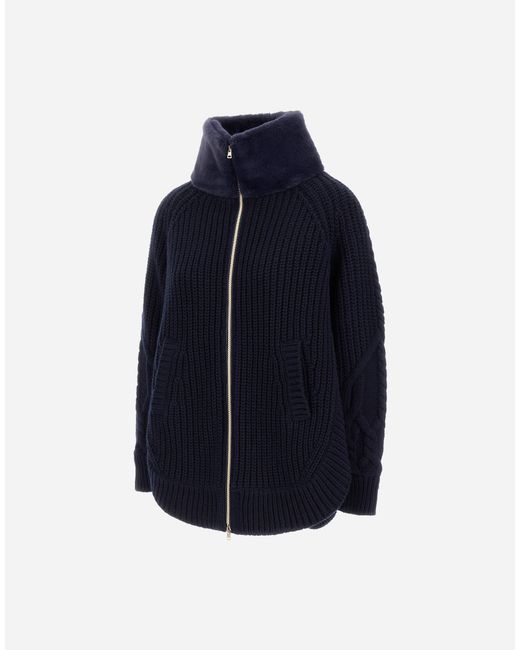 Herno Blue Wool Jacket With Raised Texture And Beaver-Effect Fur Feel