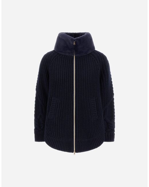 Herno Blue Wool Jacket With Raised Texture And Beaver-Effect Fur Feel
