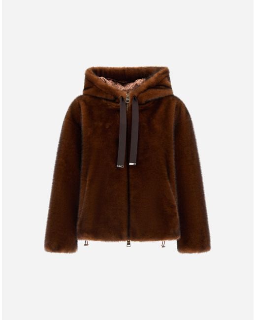 Herno Brown Bomber Jacket In Melange Alternative Mink Fur