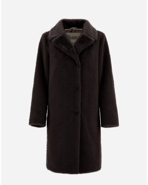 Herno Black Coat In Soft Faux Fur