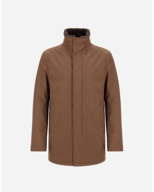 Herno Brown Carcoat In Woolen Melange Twill And Light Faux Fur for men