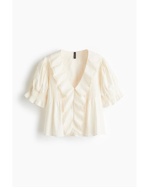 H&M White Baumwollbluse mit Biesenfalten