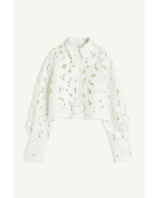 H&M Satijnen Overhemdblouse Met Broderie Anglaise in het White