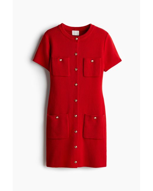 H&M Red Geripptes Strickkleid