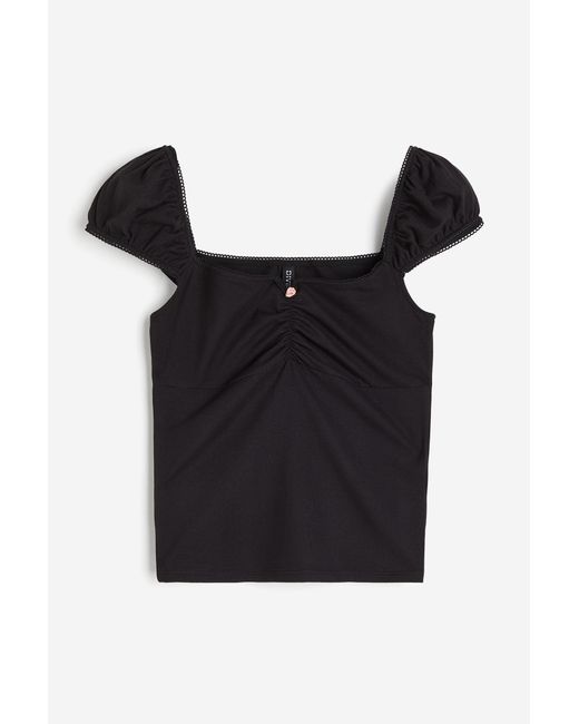 H&M Black Shirt mit Picot-Besätzen und Puffärmeln