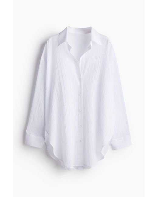 H&M Lange Katoenen Overhemdblouse in het White